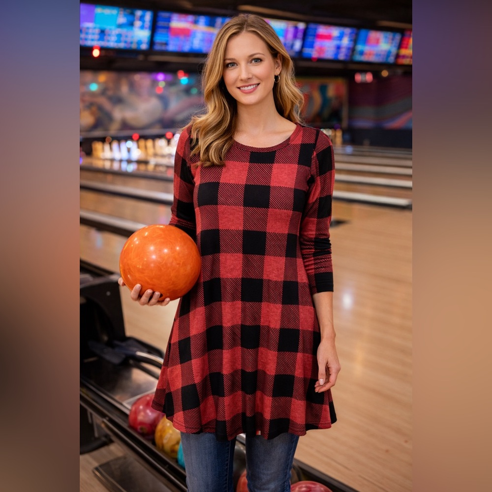 Women’s Red & Black Buffalo Plaid Tunic/Dress Pockets Boho Lumberjack Size M